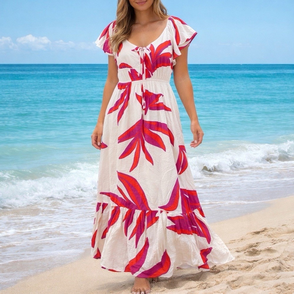 Nine West Women's Maxi Dress Large White Red Floral Flutter Sleeve Lined Ruffle